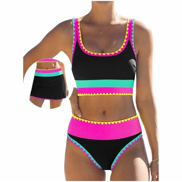 NWT Popvil High Waisted Tummy Control 3 Piece Neon Bikini Set – Medium - Picture 1 of 9